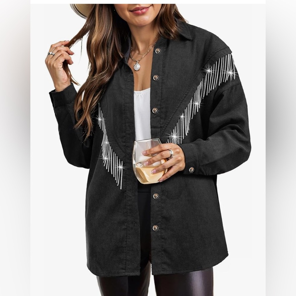 XXL - Sparkly Rhinestone Fringe Shacket Long Sleeves Spakle Tassel Shirt Jacket